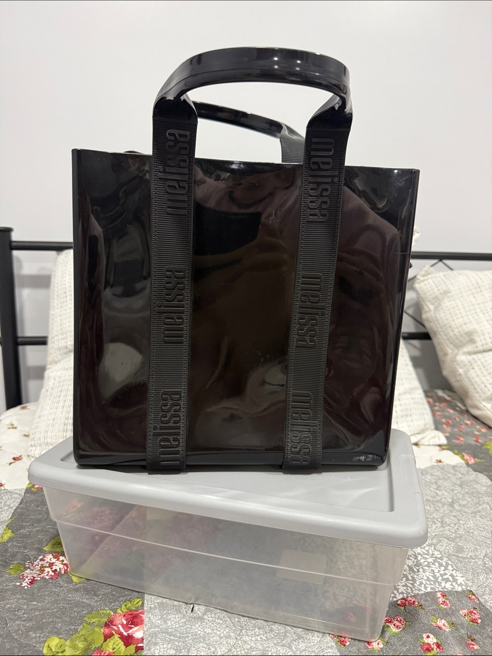 Melissa Black Glossy PVC Shopper Tote with Logo Webbing Handles